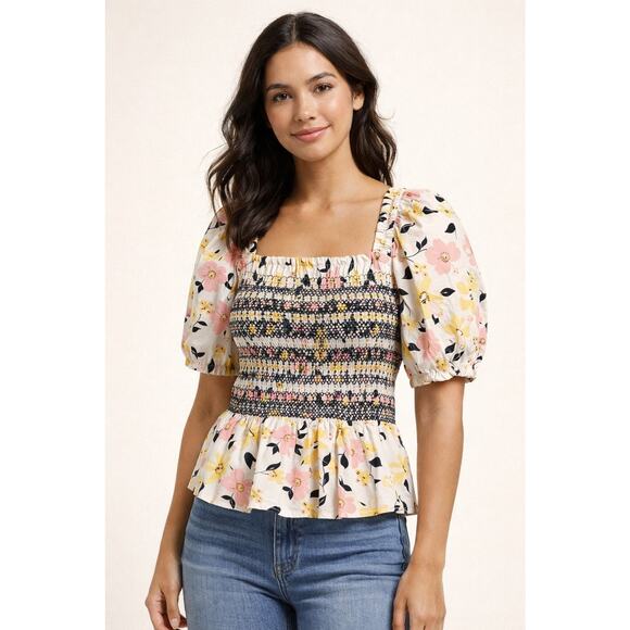 kate spade new york Tops - Kate Spade New York Floral Smocked Top Womens Medium Puff Sleeve Cotton Blouse